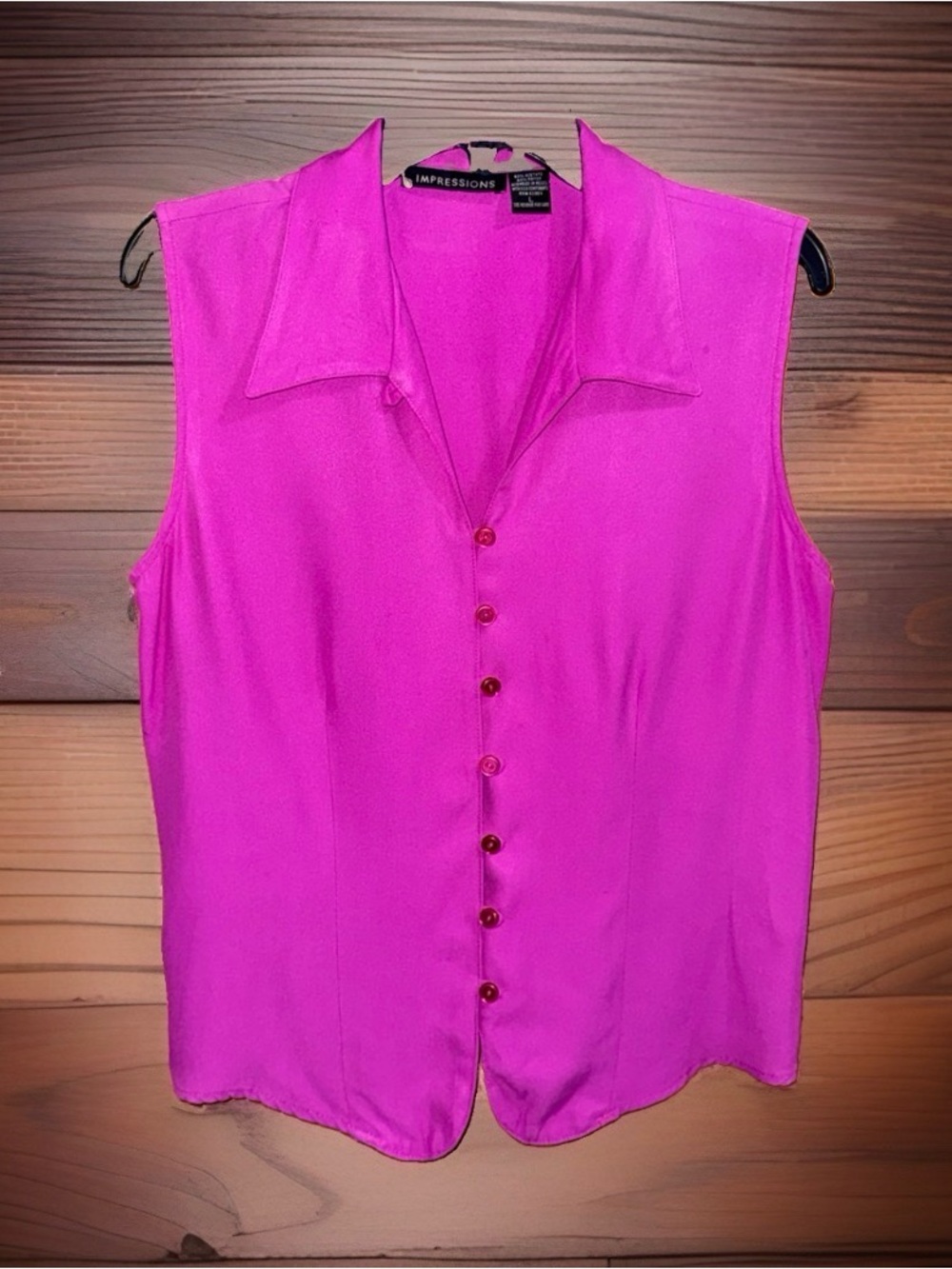 Impressions Hot Pink Sleeveless Button-Front Blouse with Tie Back-L-EC